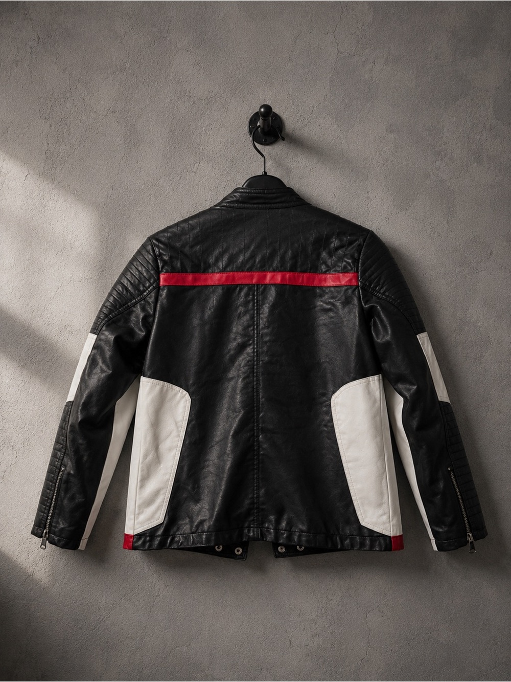Boys’ Black & White Contrast Faux Leather Moto Jacket with Red Accents. - Picture 2 of 2